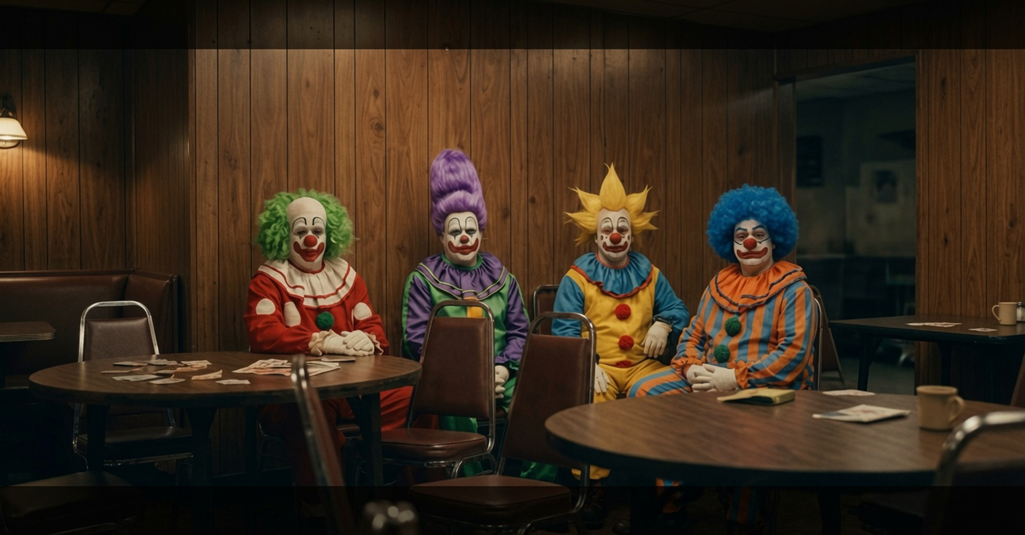 Four clowns seated together in a wood-paneled room